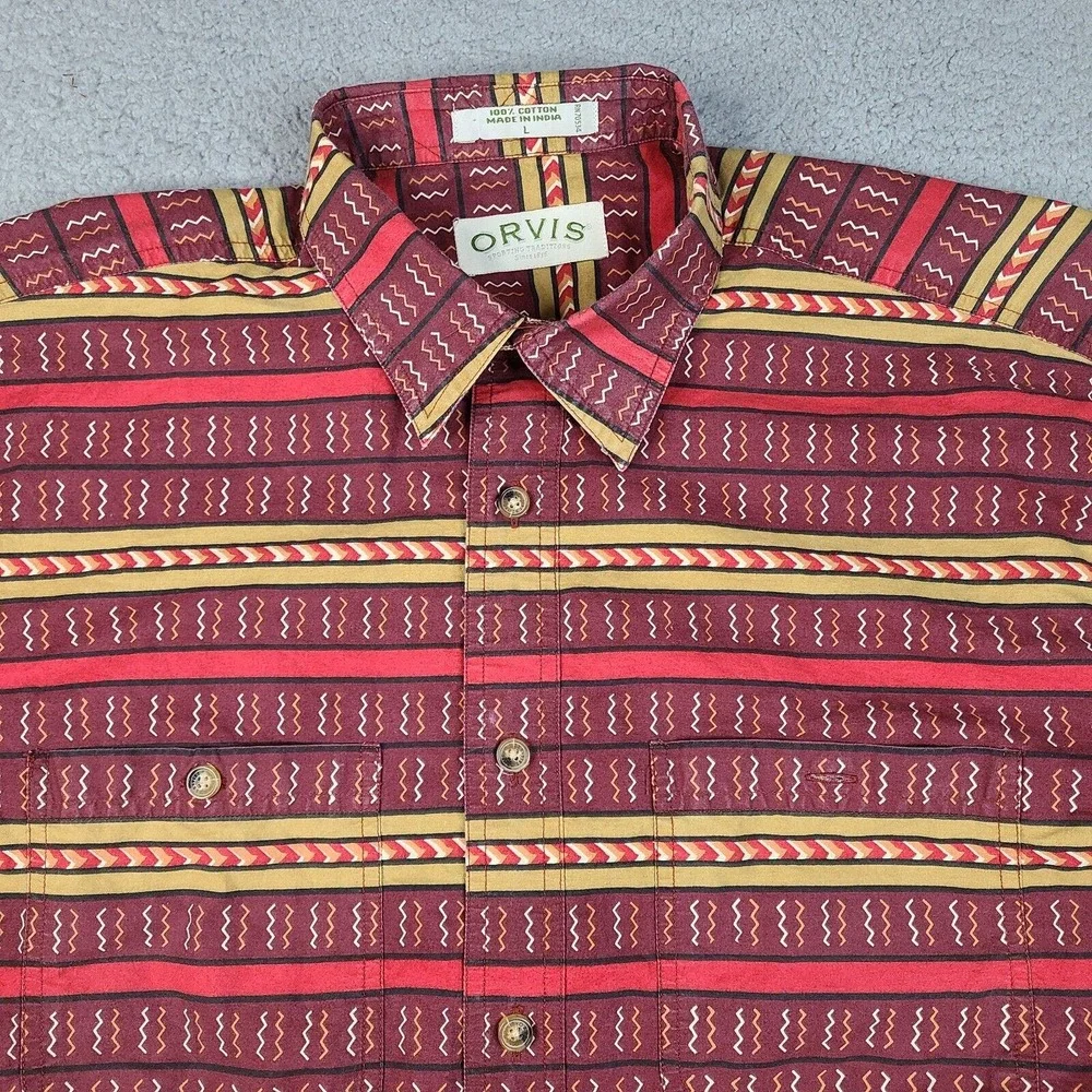 Orvis Shirt Mens Large Red Burgundy‎ Tribal Button Down Short Sleeve Cotton